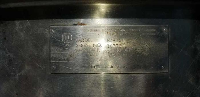 Used GROEN RA-150 SINGLE AGITATION/SCAPE "DIRECT" STEAM KETTLE, 125 PSI, #316 S/S (STOCK #814).