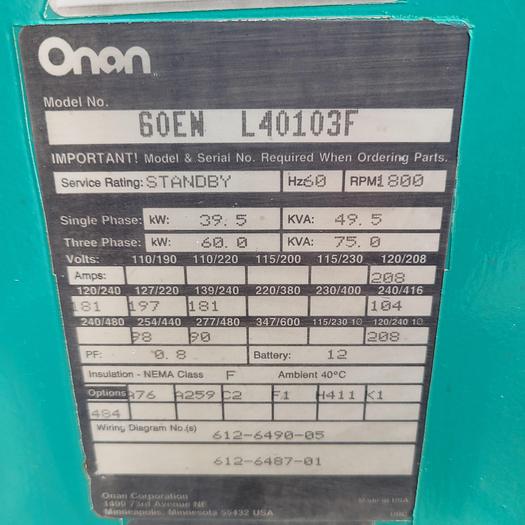 Used Onan 39.5/60 kw 120v 240v single or 3 phase generator