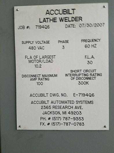 Used 2007 Acubuilt lathe welder Miller power supplies, rotating fixture allen Bradley