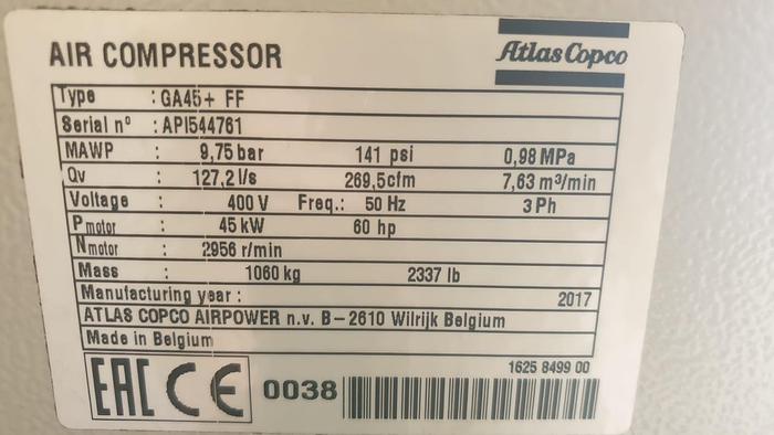 Używane Sprężarka śrubowa Atlas Copco GA45+ FF