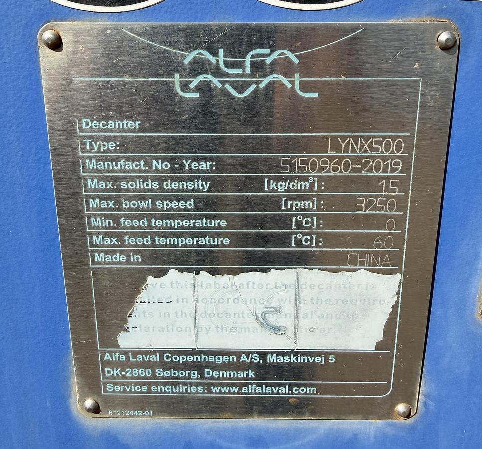 Used 2019 Alfa Laval Lynx 500 Centrifuge