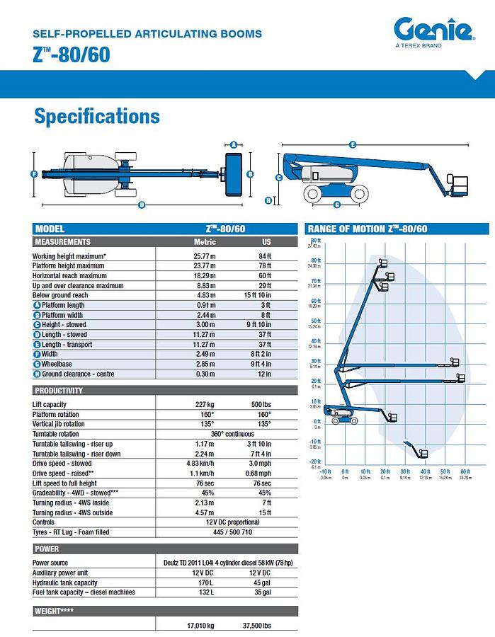 Used 2013 Genie Z-80/60 80' Articulating Boom Lift