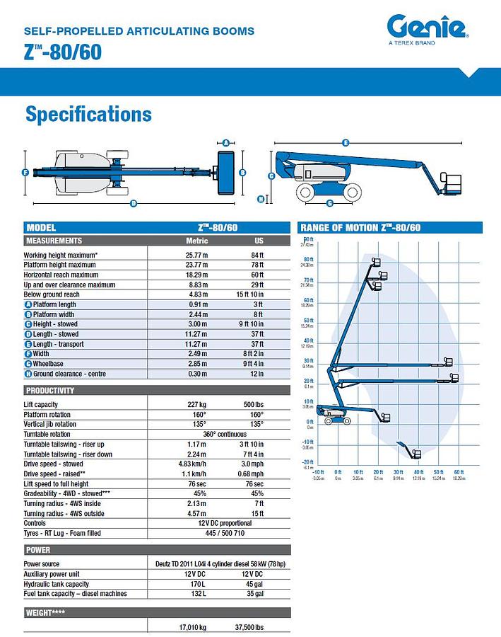 Used 2013 Genie Z-80/60 80' Articulating Boom Lift