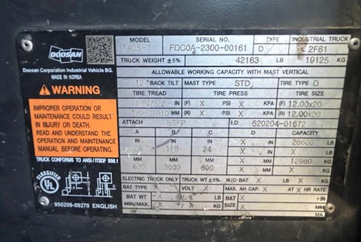 Used 2021 Doosan D140S-7 28,600 Lbs forklift