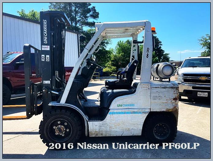 Used 2016 Nissan Unicarrier PF60LP Lift, 6K Capacity, Pneumatic Tires, 3 stage Mast w/ Side Shift Fork Positioner