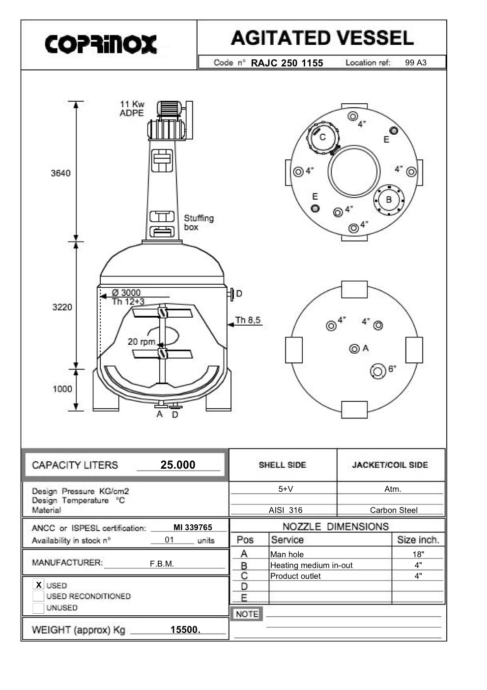 Usato Reattore F.B.M. da 25000 Litri