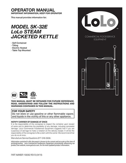 NEW LOLO SK-32E 32 QT/8 GAL STEAM KETTLE TILTING ELEC. 208/240 1-3 PHASE (#745)