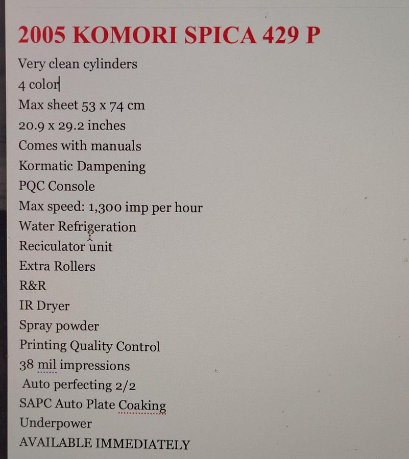 Used 2005 Komori SPICA 429P