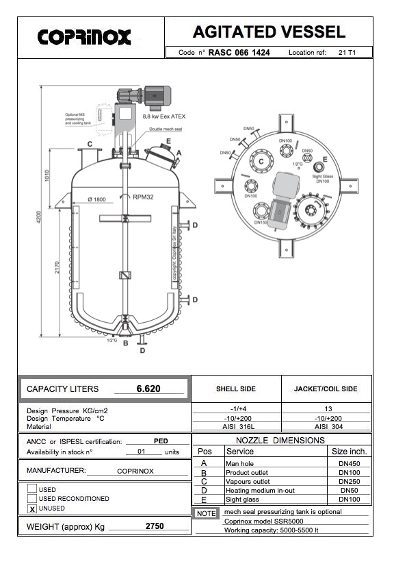 Reattore COPRINOX AISI316L da 6.620 Litri