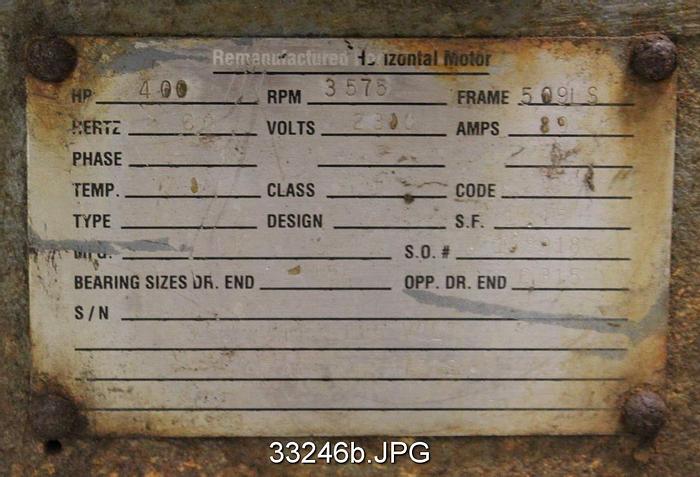 Used General Electric 400Hp, 3550RPM, 2300Volts AC Motor #33246