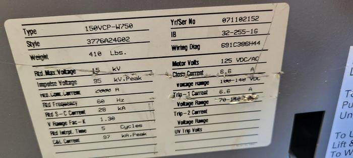 Used 2000 Amp Circuit Breaker 15 kV Type: 150VCP-W750