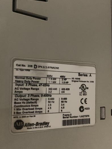 Used ALLEN BRADLEY POWERFLEX 700 DRIVE 2HP