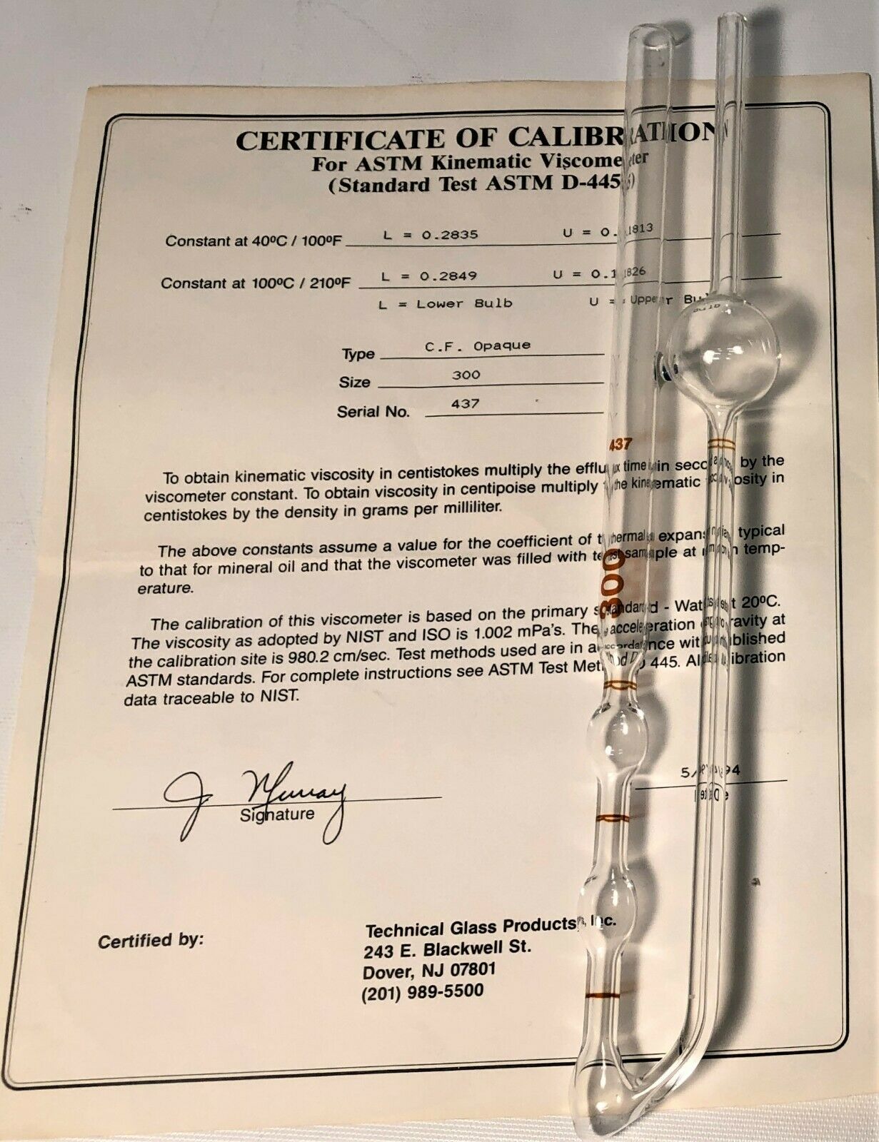 New open box Cannon-Fenske CFOC-300 (9721-F68) Certified Opaque Viscometer Tube (Size 300)