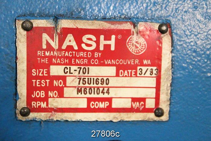 Used Nash CL701 Nash Vacuum Pump, Model Cl701, Test # 75U1690 #27806