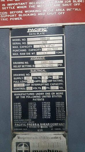 Used Pacific Hydraulic 600 Ton CNC Press Brake, with CNC back Gauge,  Capacity 1/2" X 192", 192" Bed Length