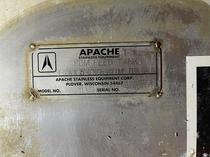 Used APACHE 9' DIA. X 15' HIGH T-316L SS  WITH AGITATOR 7138 GALLONS