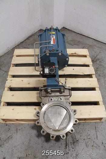 Used Dezurik STYLE KGI 10" Air Operated V-Notch Knife Gate Valve, Body 316 Stainless Steel, Stainless Steel Seat, 316 Stainless Steel Gate, No Liner Dezurik Fig 12 Cylinder Actuator, Dezurik/Pmv Electropneumatic Positioner, 150 Psig Cwp, Max Temp 500 Degree F