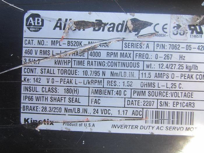 Used Motor, Allen Bradley, Servo, MPLB520KMK24AA, 4000 RPM (2) #S739707