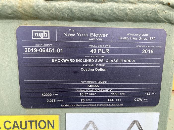 Used Used New York Blower Backward Inclined SWSI Class III AAR-8 blower