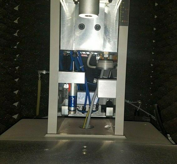 Used Omega Ultrasonic Plastic Welder MPXII in shielded cabinet with safety doors