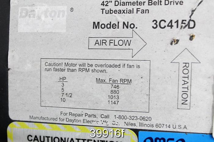Used Dayton 42" Diameter Belt Driven Tubeaxial Fan #39916
