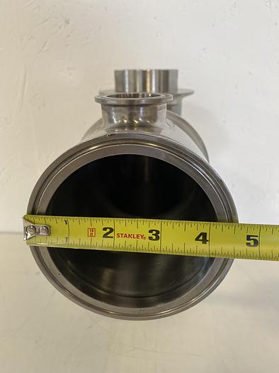 Used Stainless Steel 4-way Elbow w/ 4" & 1 1/2" Sanitary Fitting to 3" & 4 1/2" OD