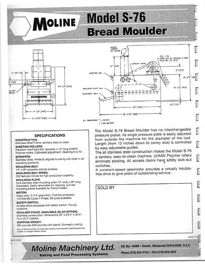 Used MOLINE S76 COUNTERTOP DOUGH MOULDER STAINLESS STEEL