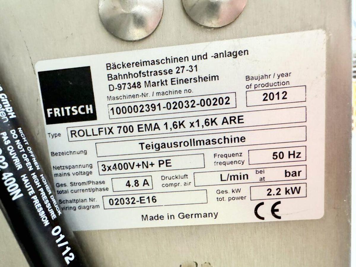 Used Fritsch Rollfix 700 Automatic Pastry Sheeter