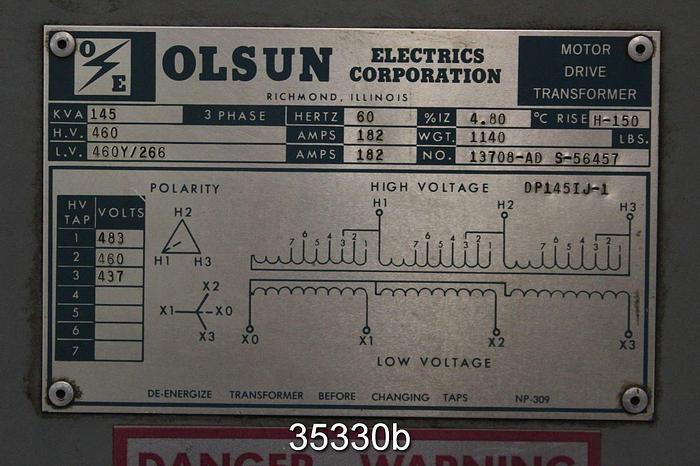 Used Olsun Electrics 1378-AD S56457 3 Phase Transformer, 145Kva #35330