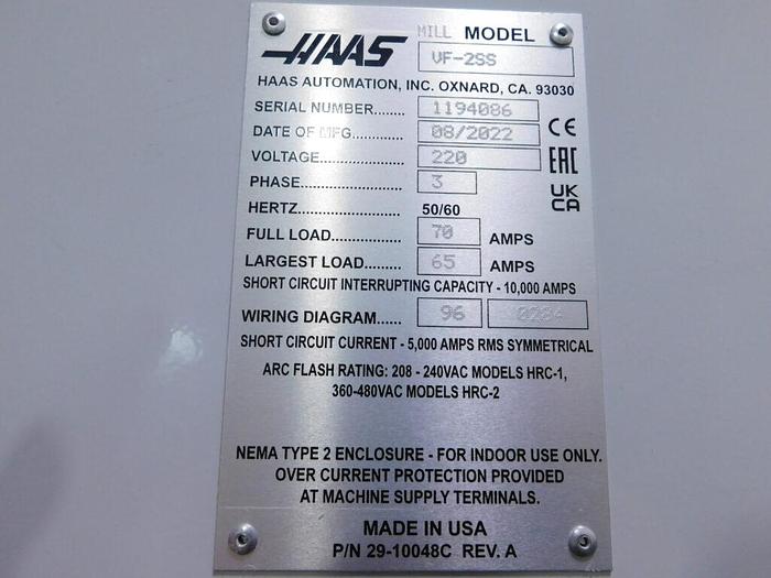 Used 2022 Haas VF2SS CNC Vertical Machining Center