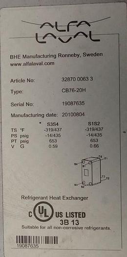 Used Heat Exchanger, Plate, 25 SF, S/st, Alfa Laval, Mdl CB76-2DH #S742985