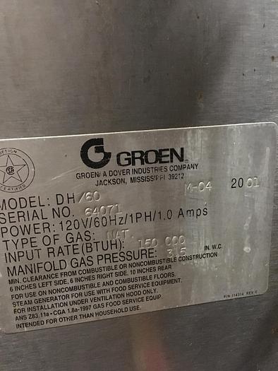 Used GROEN DH-60, 60 GAL STAINLESS STEEL TILTING NATURAL GAS STEAM KETTLE (#724)