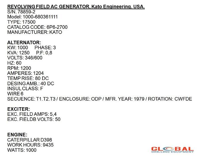 Used Item 0778 : Kato Engineering 1000KW Generator
