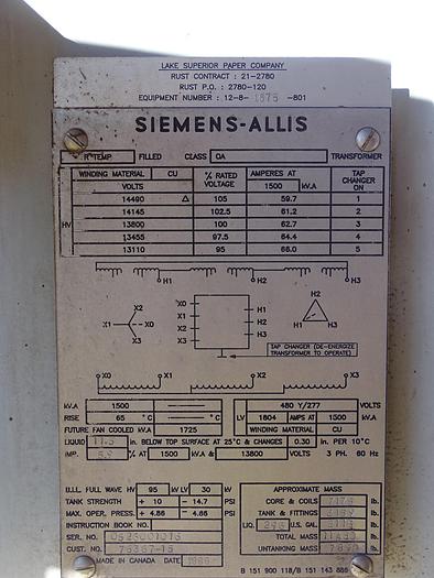 Used 1,500 KVA 13,000V SIEMENS-ALLIS SUBSTATION 480Y/277 VOLTS CU WINDING