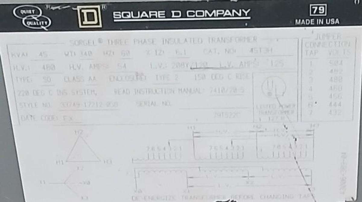 Used Square D 45T3H – 45 kVA 3‑Phase Dry‑Type Transformer