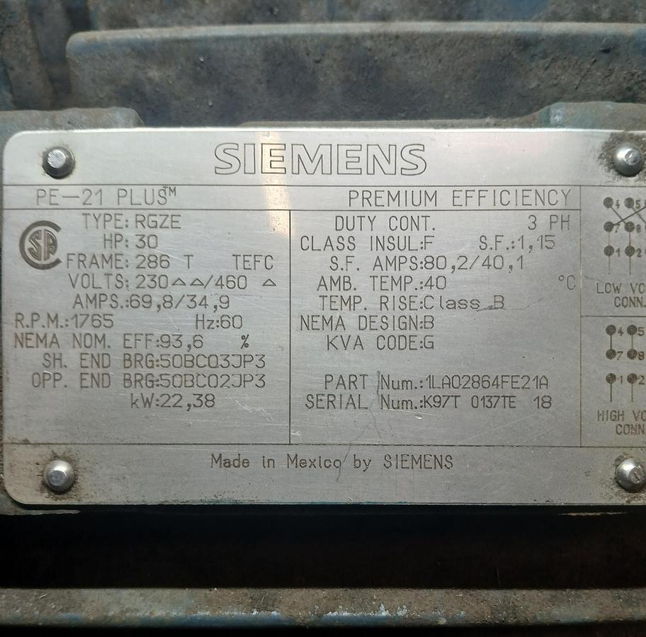 Used Siemens 30 HP Premium Efficiency Motor