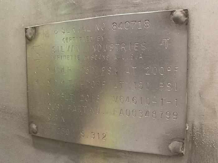 Used Used Silvan Industries approximately 1000 gallon 316 stainless steel air receiver.