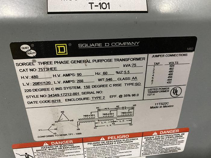 Used 75 KVA SQURE D COMPANY 3 PHASE DRY TYPE TRANSFORMER