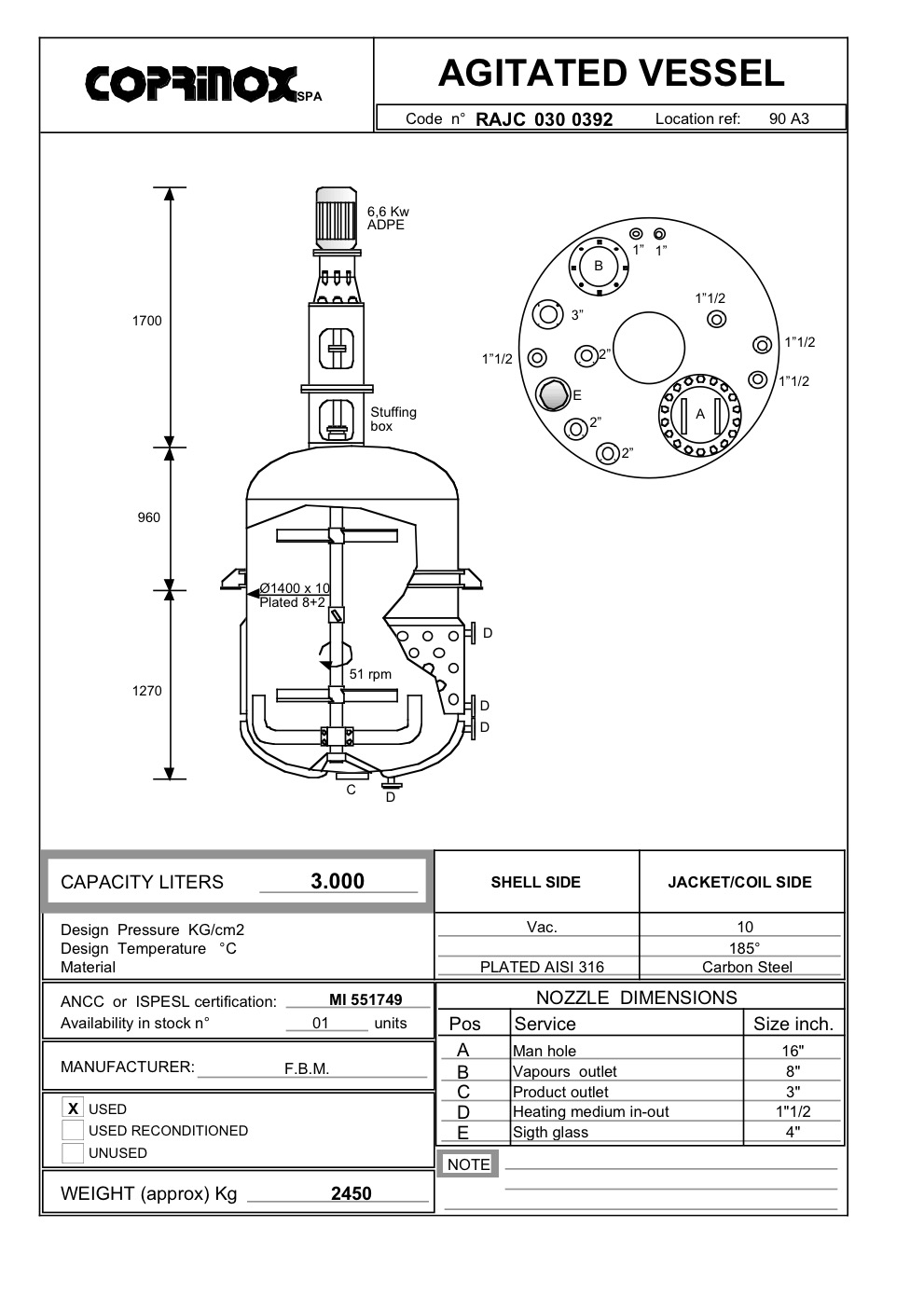 Usato Reattore F.B.M. da 3000 Litri