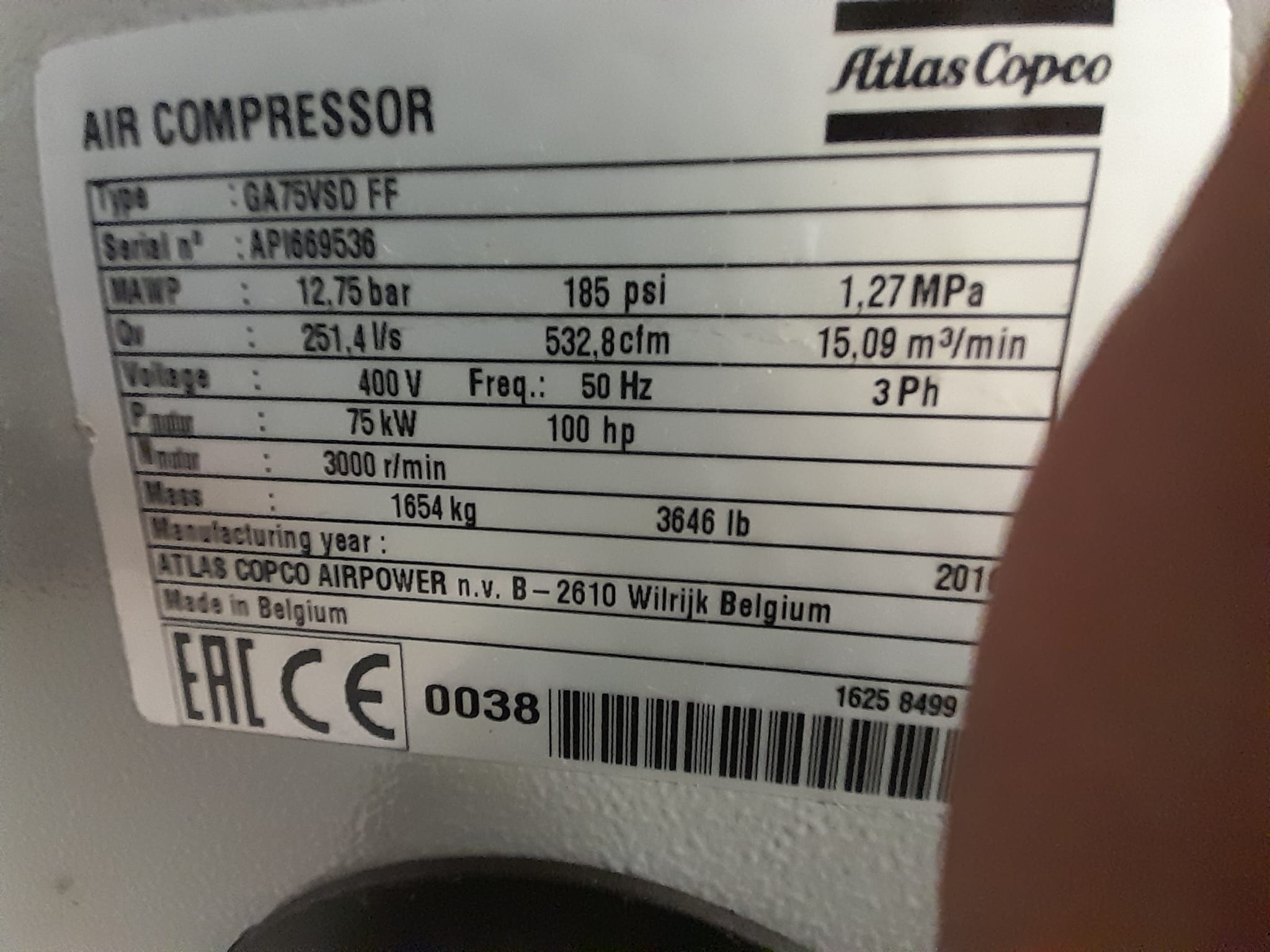 Used 2016 Atlas Copco GA75 VSD FF c/w Built in Air Dryer