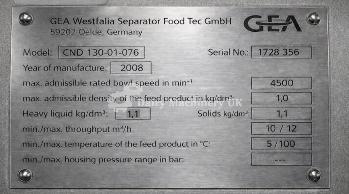 Used GEA Westfalia CND 130-01-076 Bactofuge