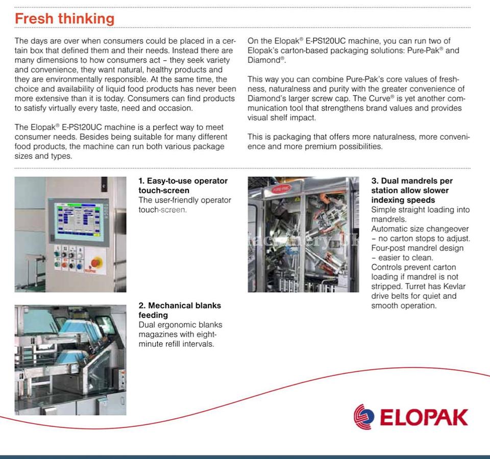 Used ELOPAK PURE PAK GABLE TOP FILLER WITH WRAP AROUND CARDBOARD PACKER