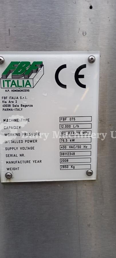 Used FBF Homogeniser for 12,000 at 180 Bar