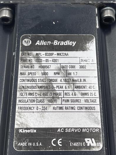 Used Allen-Bradley MPL-B330P-MK22AA Ser A, Micron UT075-007-0
