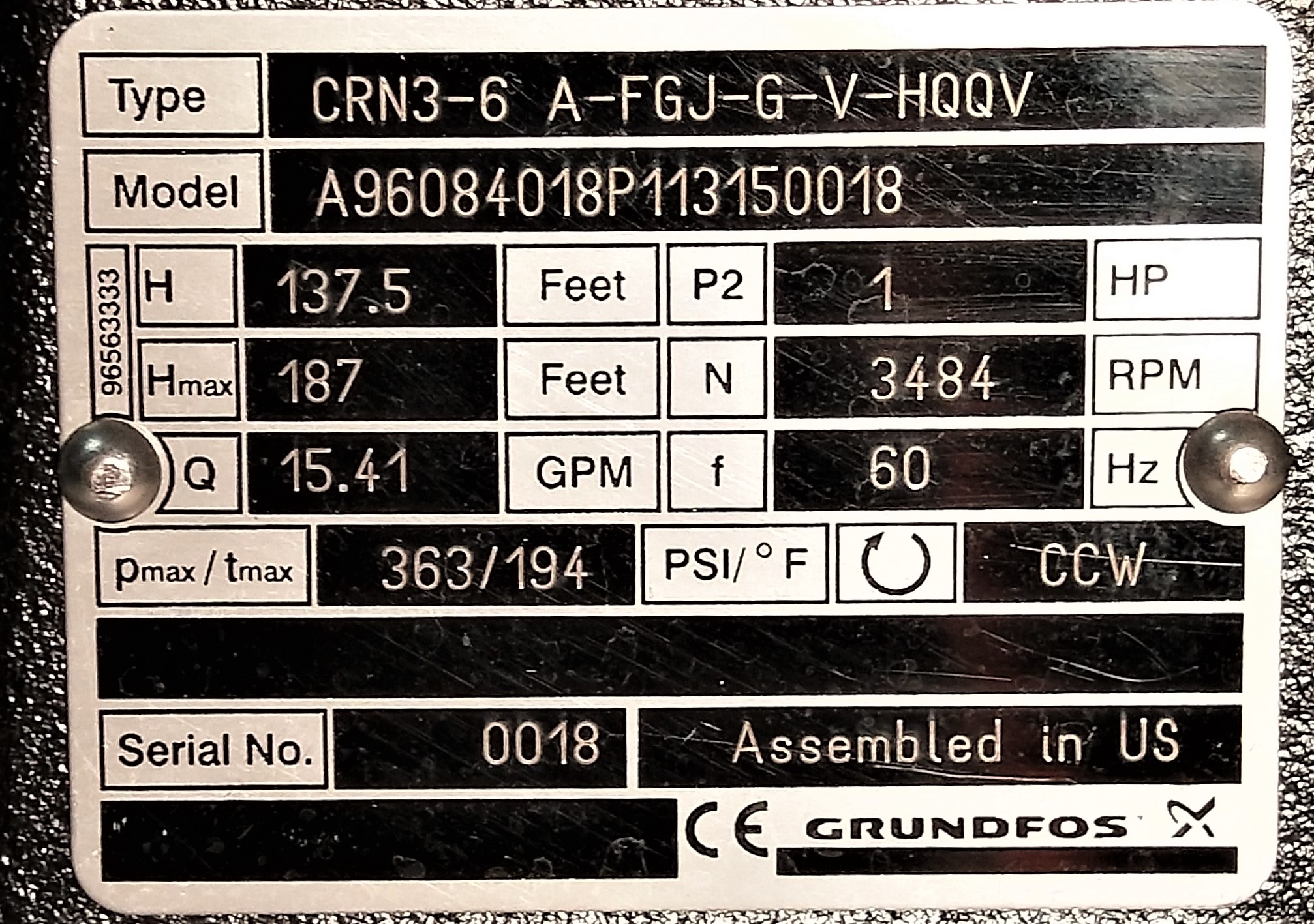 Used Grundfos CRN 3-6 Vertical Multistage Centrifugal Pump