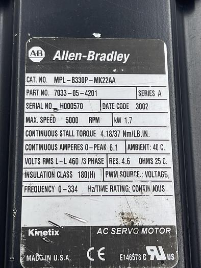 Used Allen-Bradley MPL-B330P-MK22AA Ser A, Micron DT090-010-0-RM090-39-32-113349-6924