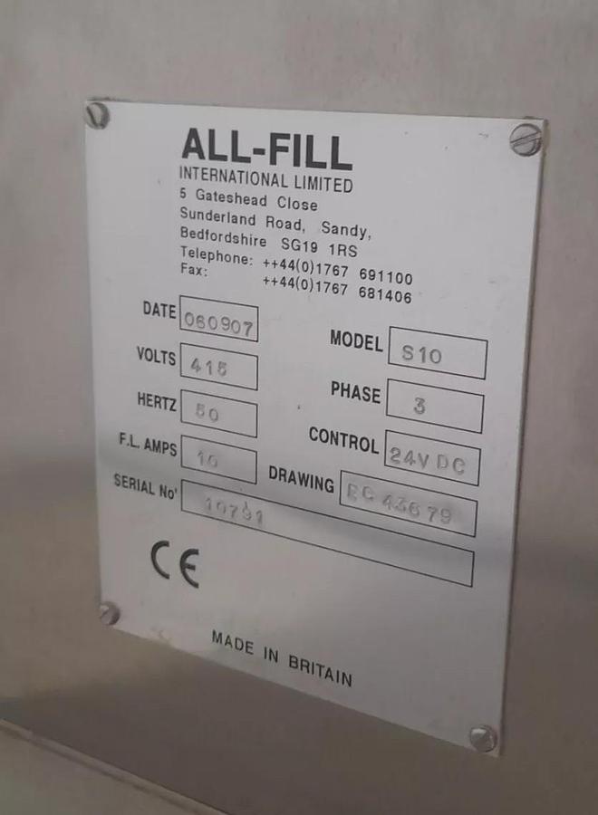 Used All-Fill model S10 auger filler All-Fill model H10 powder filling machine, Serial Number 10791, Year 2007
