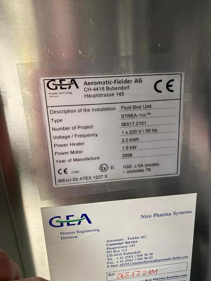 Used Aeromatic Strea1 Fluid Bed Dryer Strea 1