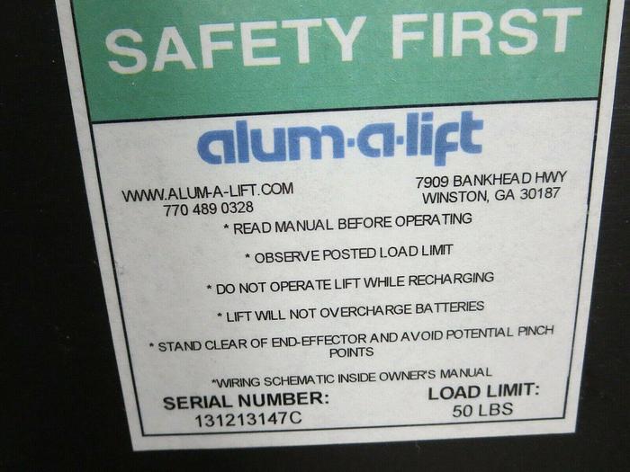 Used Alum-A-Lift, A250-72CS/LR/Cart, Plate Gripper Lift, Max Load: Arm-50#, Cart-100#