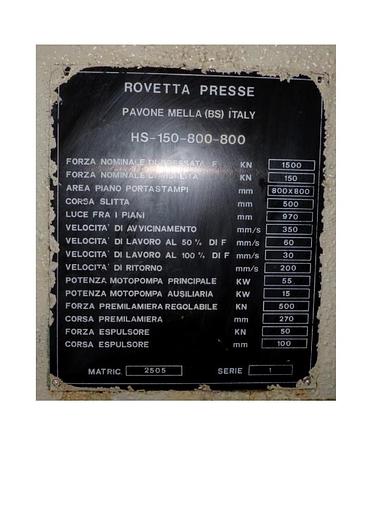D'occasion ROVETTA HYDRAULIC PRESS HS-150-800-800 150 TON #ITA3193